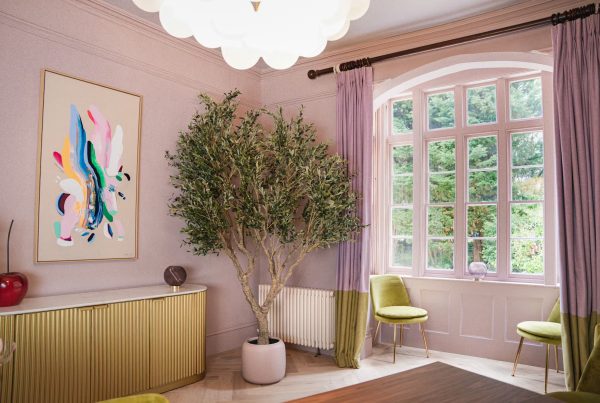 large living room where everything is decorated pink apart from a large potted olive tree in the corner