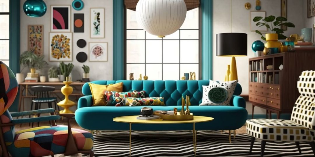 well-lit living room with a long teal sofa in the middle and colourful decor all over the room with no blank spaces on the walls or floors