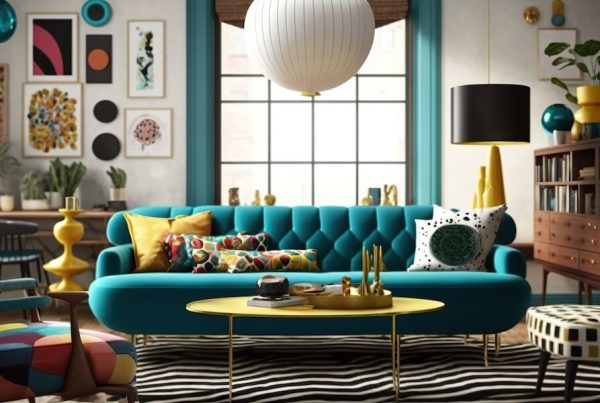 well-lit living room with a long teal sofa in the middle and colourful decor all over the room with no blank spaces on the walls or floors